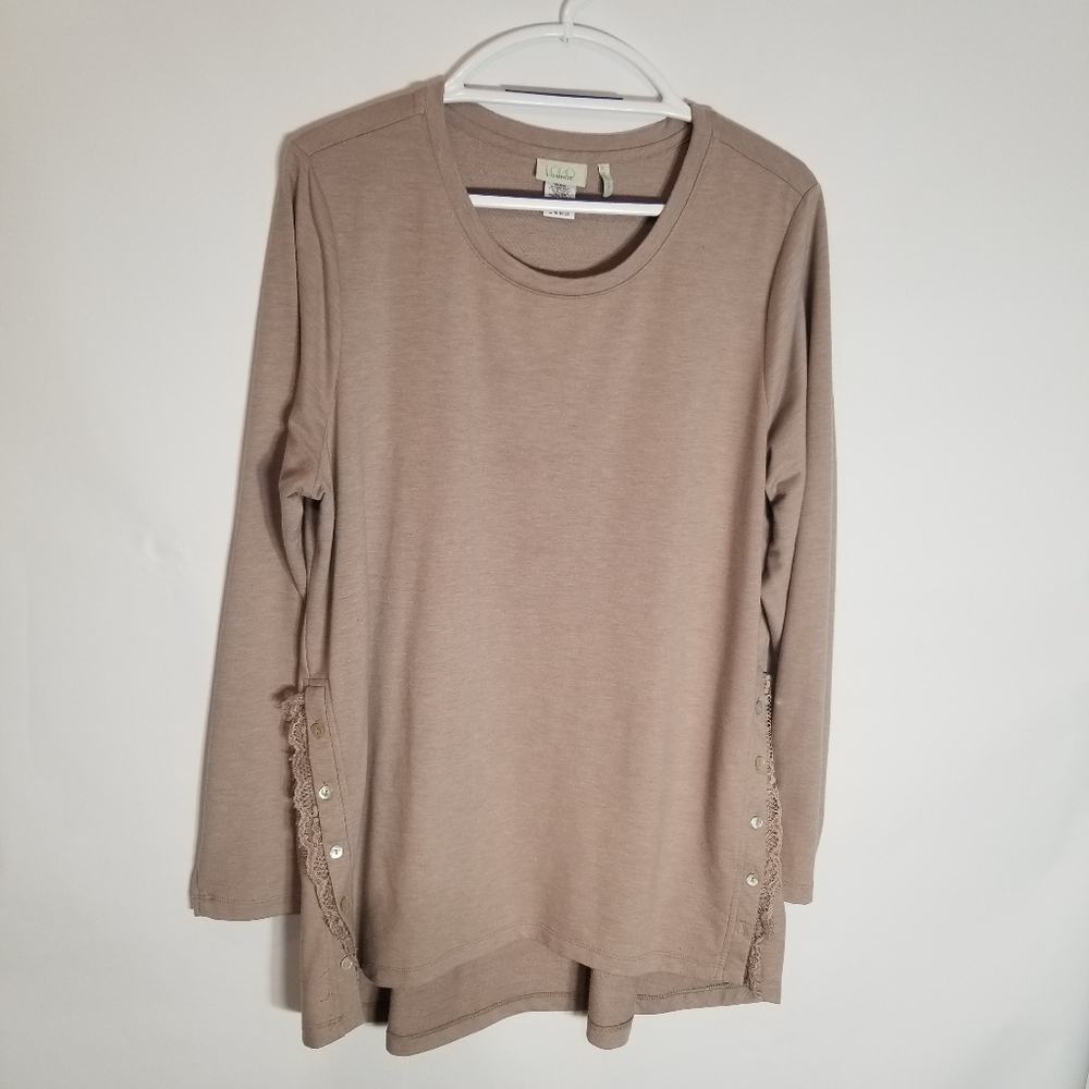 LOGO Lounge Lori Goldstein Women's XL Beige Pullover Button Lace Side Detail